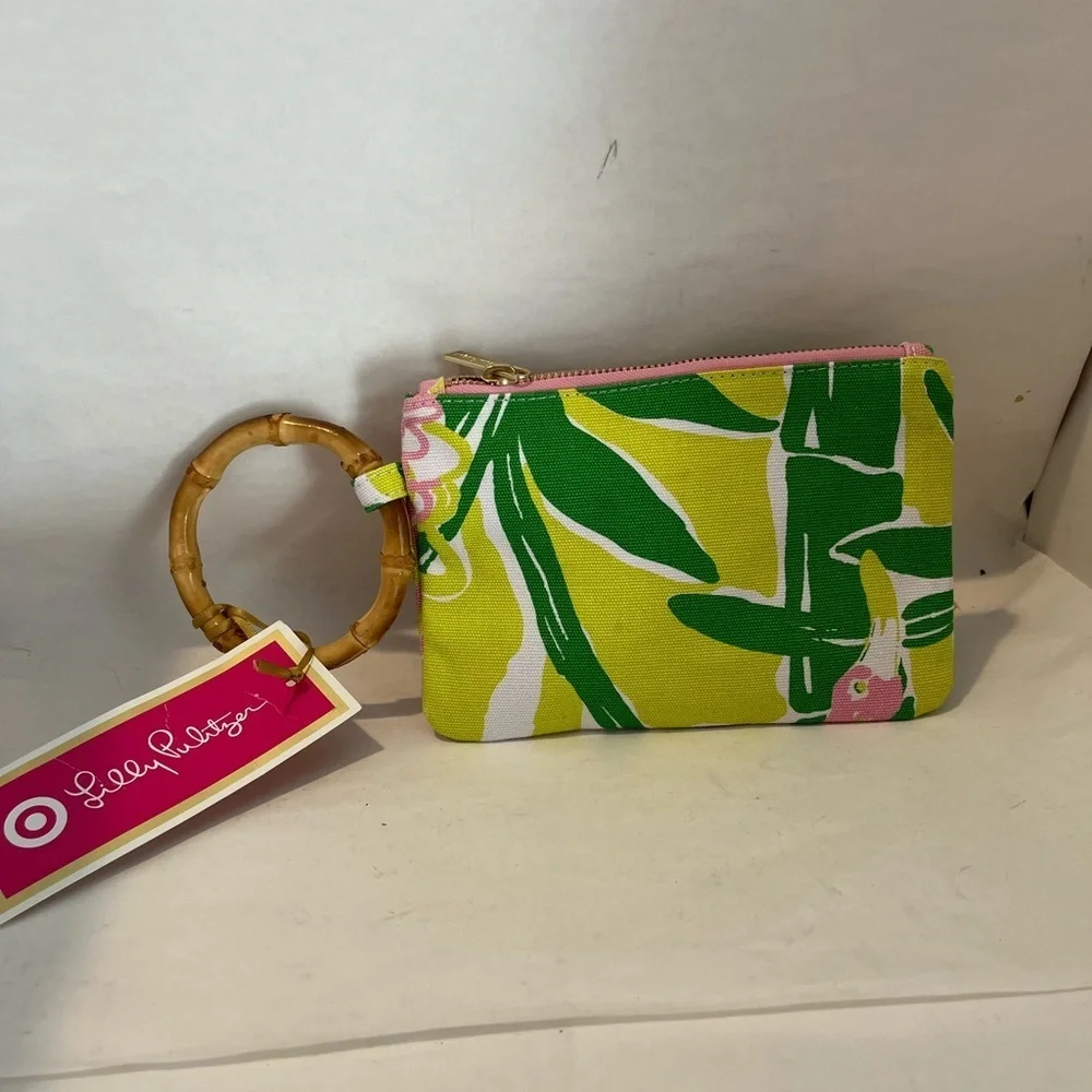 Lilly Pulitzer Pink and Green Floral Wristlet with Bamboo Accent - Picture 2 of 6